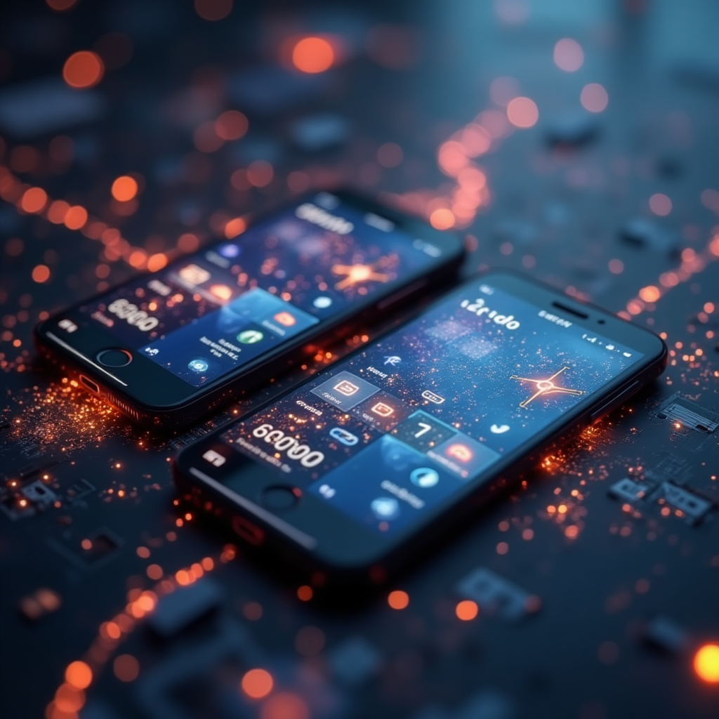 Mobile app services showcase with multiple devices and design elements